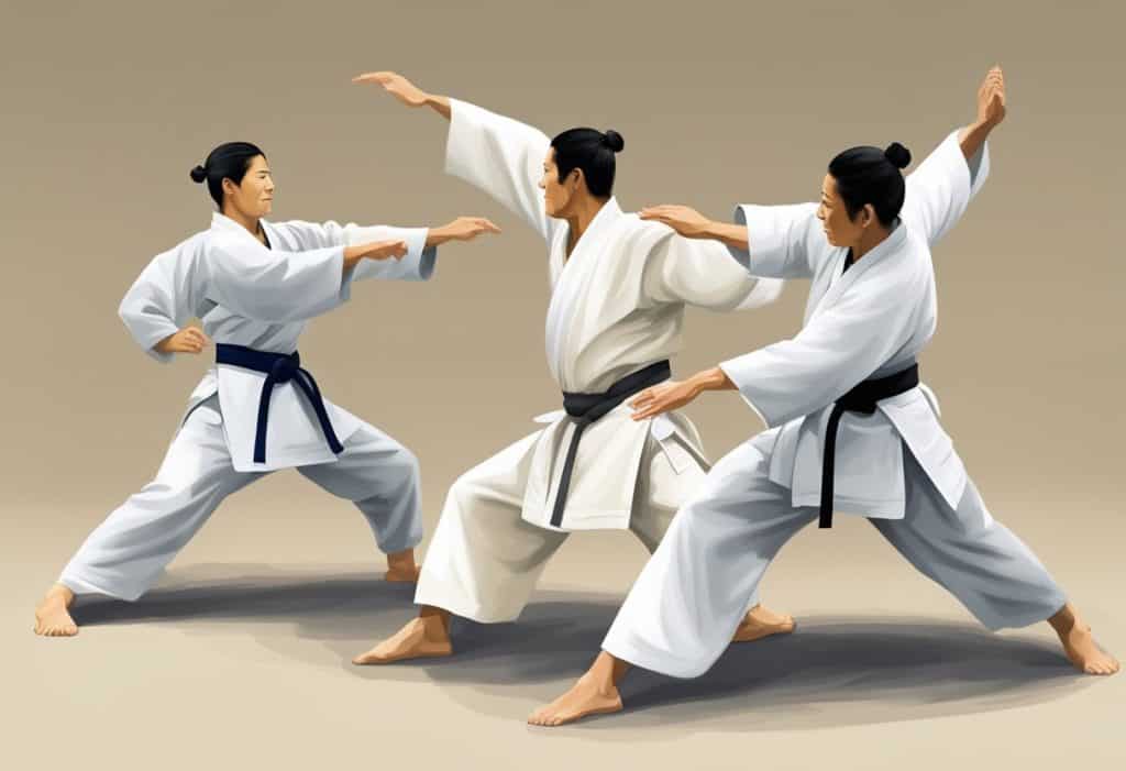 Two aikido practitioners engage in a graceful, flowing movement, using circular motions and precise footwork to redirect and neutralize each other's energy