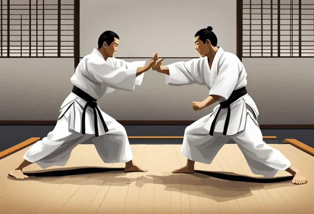 Two aikido practitioners demonstrating techniques in a traditional dojo setting. The movements are fluid and precise, with a focus on balance and redirection of energy