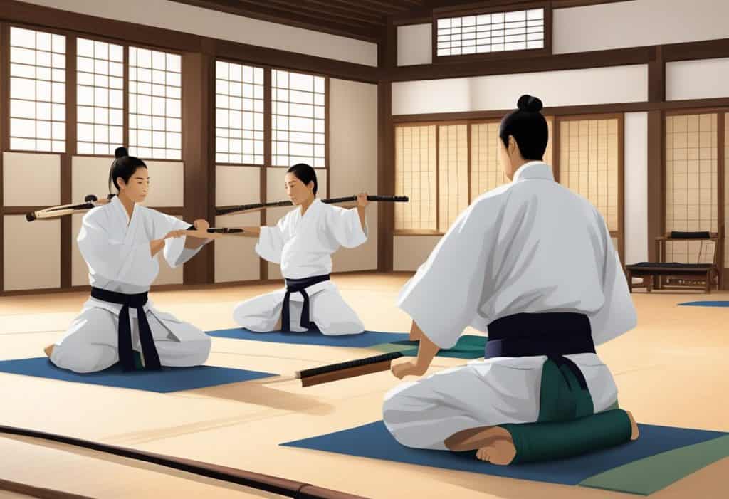 Aikido organizations and training modalities in a serene dojo setting with traditional weapons and practice mats