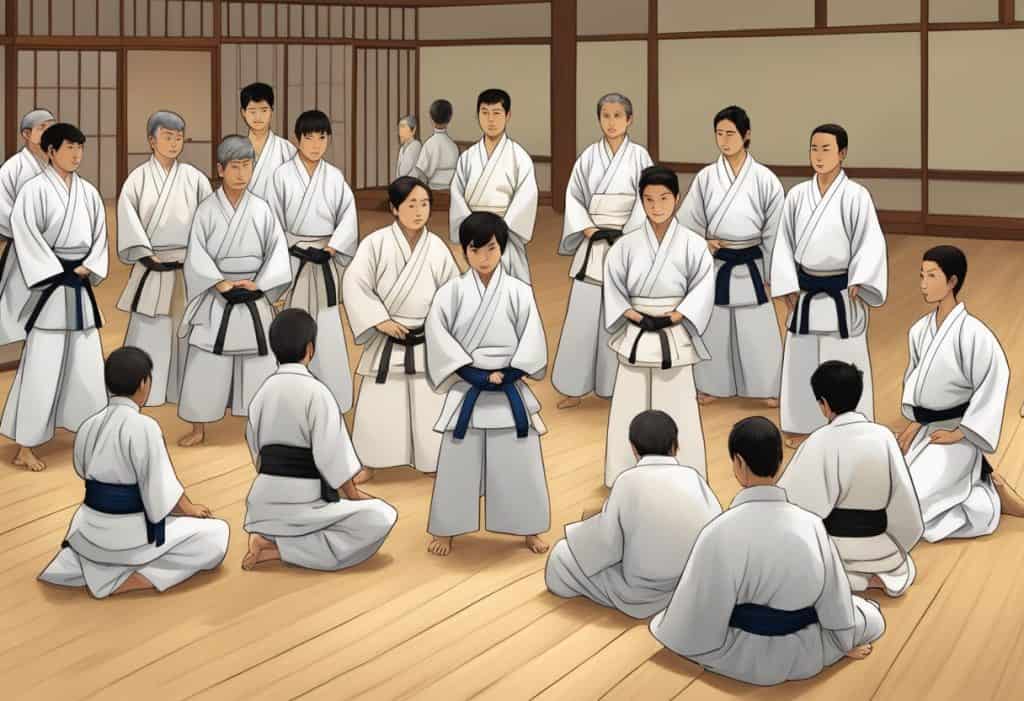 Aikido FAQ: Students gather around Sensei for answers. Dojo backdrop, traditional attire, respectful demeanor