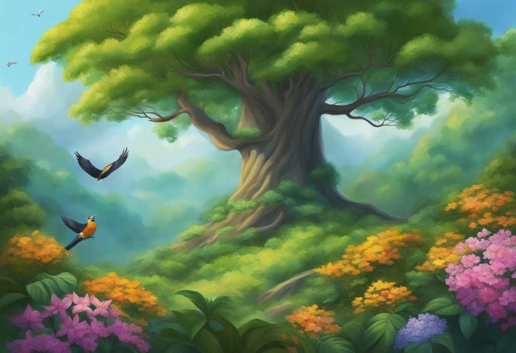 A serene Ashoka tree stands tall in a lush forest, its vibrant green leaves swaying gently in the breeze. The tree is surrounded by colorful flowers and chirping birds