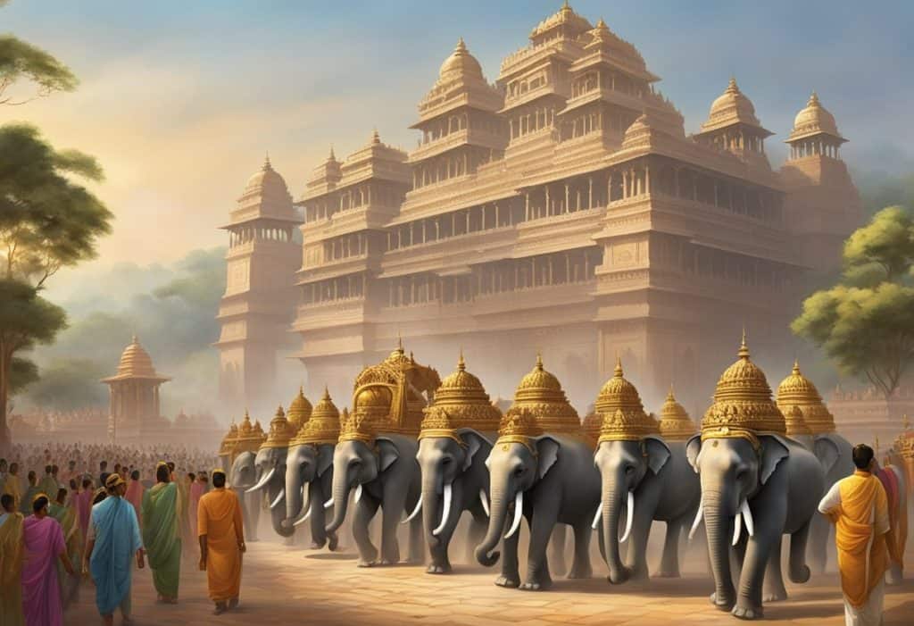A grand procession ascends to the Maurya Empire's power, with regal elephants, ornate chariots, and a majestic palace in the background
