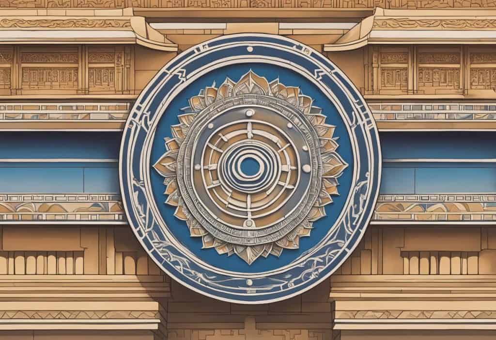 A serene and peaceful setting with ancient Indian architecture and symbols of wisdom, such as the Ashoka Chakra, representing Ashoka's teachings and philosophy of governance