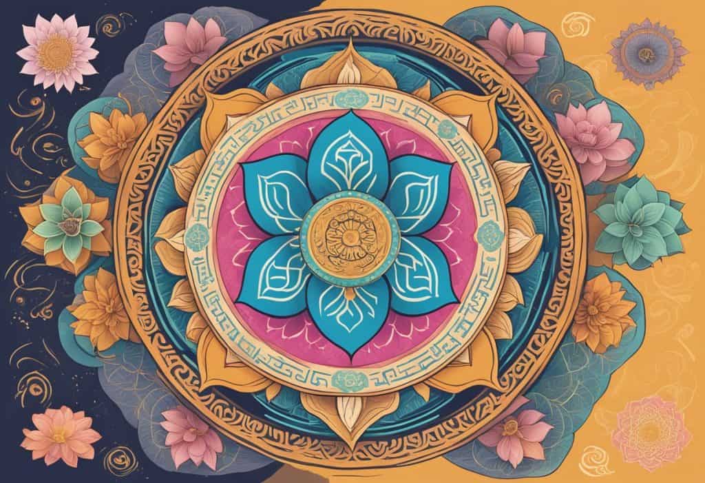 Various mantras written in different fonts and colors, surrounded by symbolic elements like lotus flowers and sacred symbols