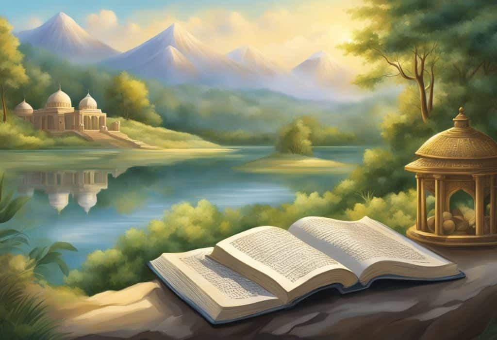 The scene depicts ancient scriptures and symbols, surrounded by serene nature. The setting exudes tranquility and spirituality