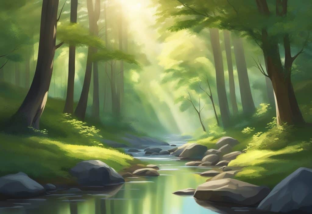 A serene forest with a calm stream, sunlight filtering through the trees, and a sense of tranquility in the air