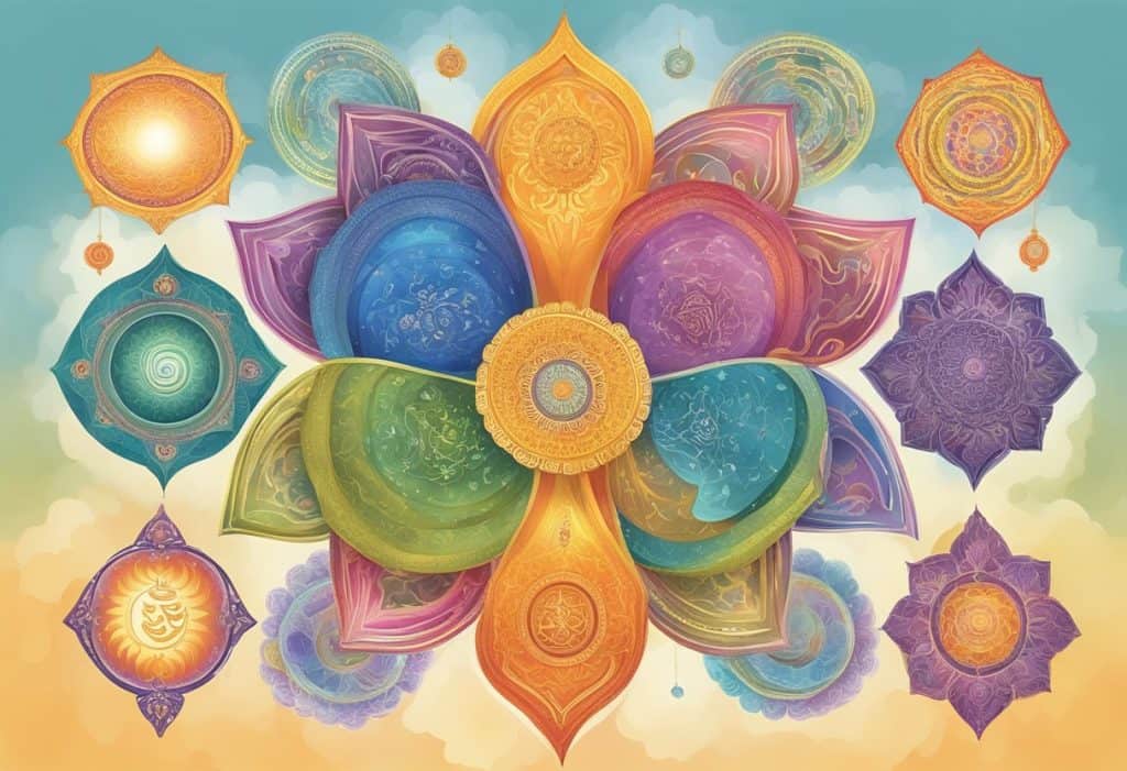A serene setting with various types of mantras floating in the air, each one representing a different classification. The mantras are depicted in vibrant colors and swirling patterns, creating a sense of peaceful energy