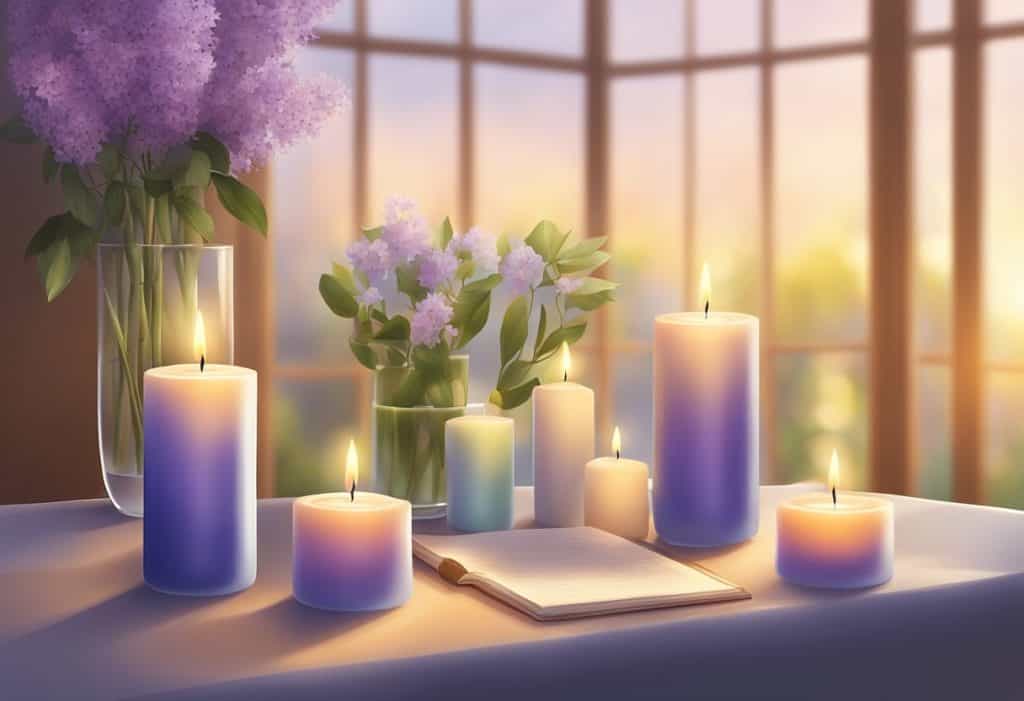A serene setting with candles, flowers, and a peaceful atmosphere for practicing and applying different types of mantras