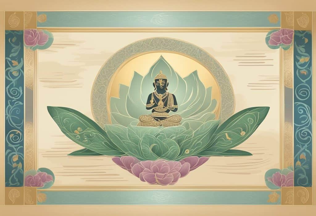 A serene setting with various types of mantras written in elegant script on scrolls and displayed on a tranquil background