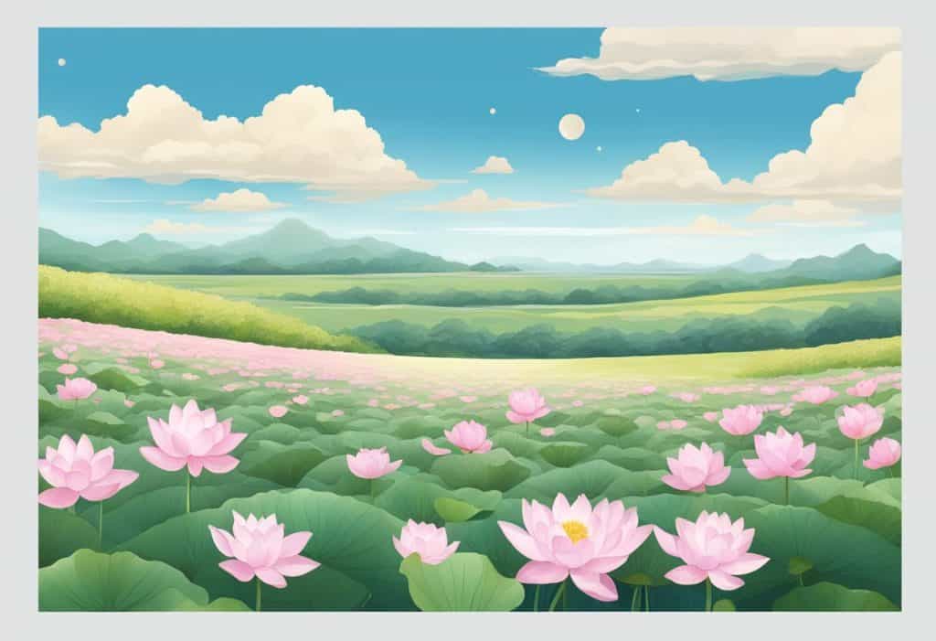 A serene, open field with blooming lotus flowers and a clear, blue sky