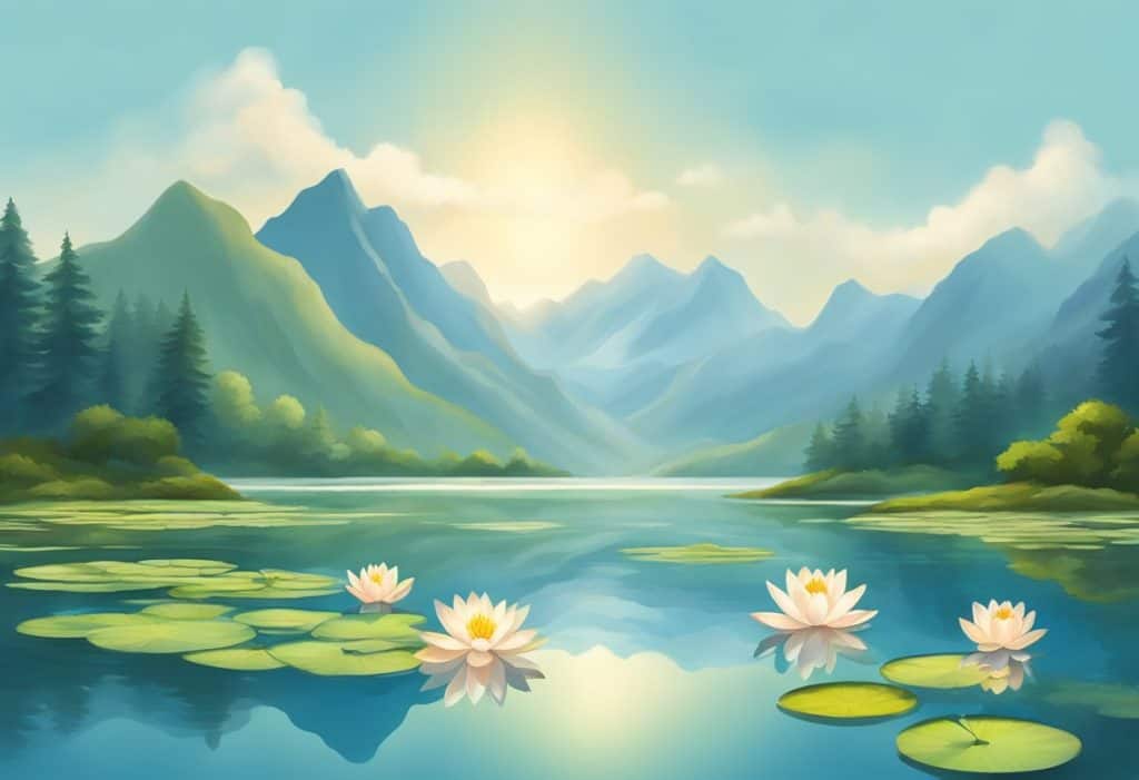 A serene, clear lake reflects the surrounding mountains and sky. A single lotus flower floats on the surface, symbolizing purity and the clarity of chitta shuddhi