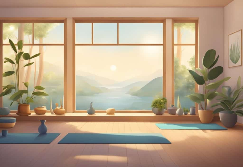 A serene yoga studio with soft lighting, a peaceful atmosphere, and yoga props neatly arranged, creating a sense of tranquility and focus