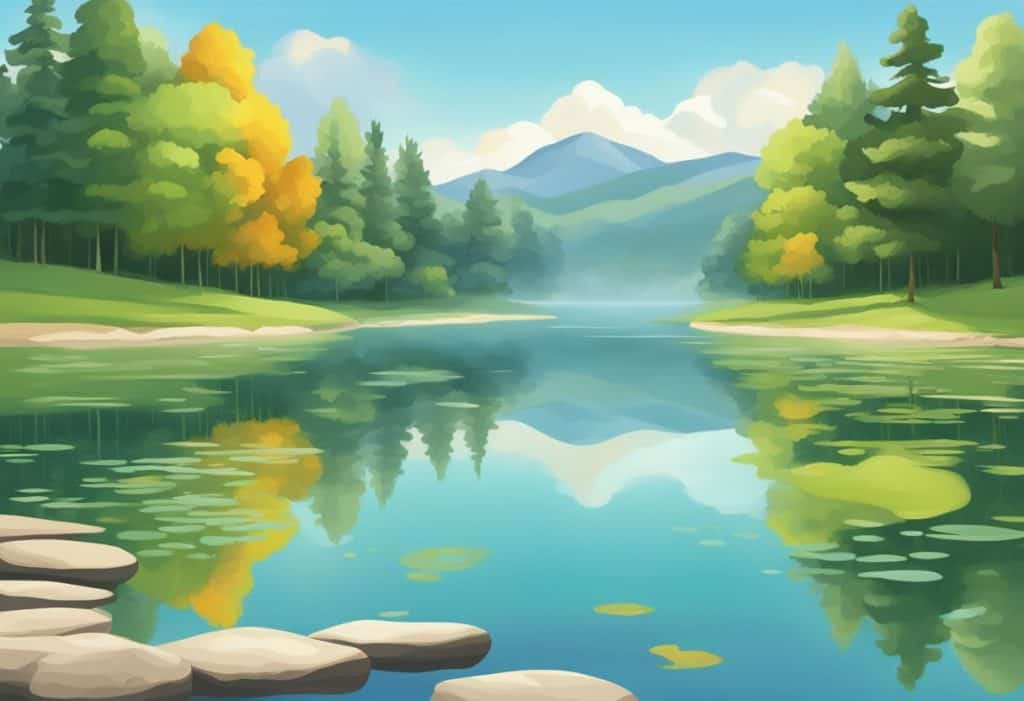 A serene setting with a clear, calm mind. A serene lake reflects the surrounding nature, symbolizing mental purity and tranquility