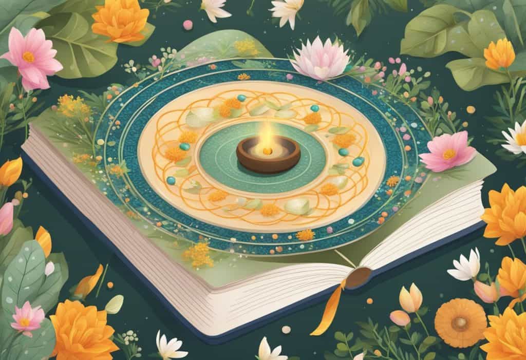 A serene garden with incense burning, beads arranged in a circle, and a book open to a sacred mantra