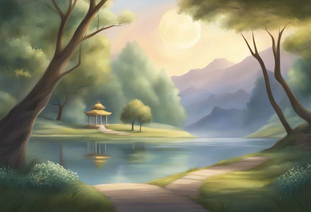 A serene setting with a peaceful atmosphere, featuring a quiet space for meditation and prayer, with a subtle hint of spirituality in the air