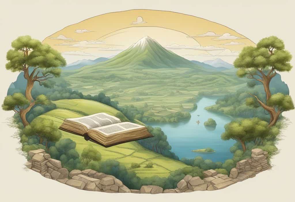 A serene landscape with ancient texts and symbols, representing the historical context of "prajna" and its etymology