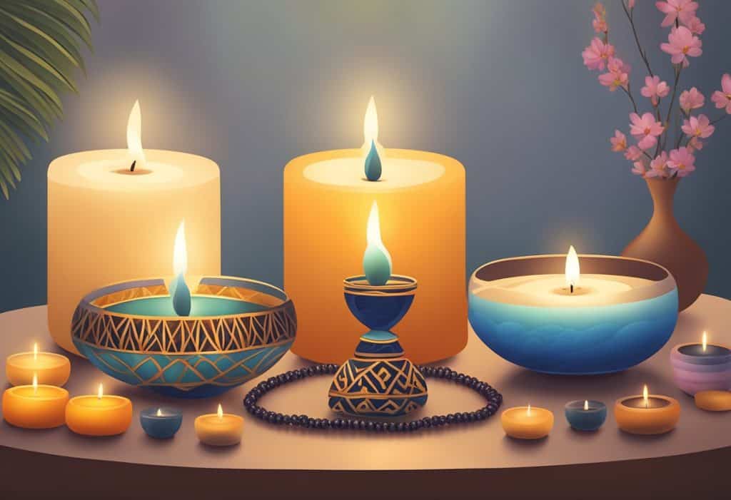 A serene setting with lit candles, fragrant incense, and a mala bead necklace laid out for manasik japa meditation practice