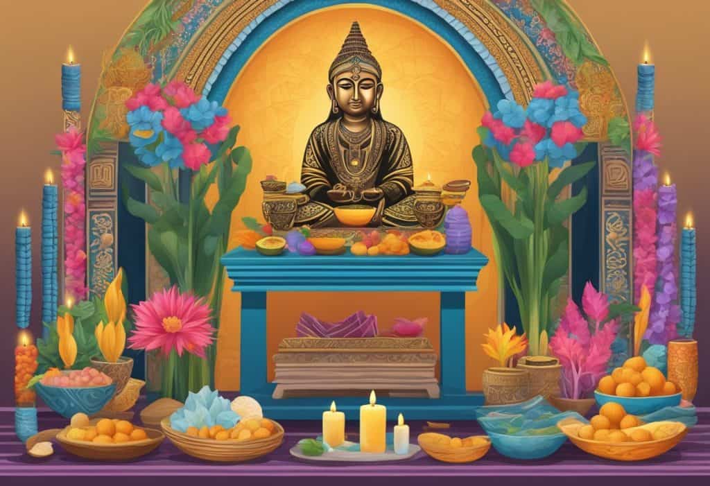 A colorful altar adorned with traditional cultural symbols and spiritual offerings for manasik japa
