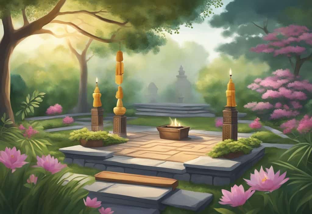 A serene garden with a peaceful atmosphere, featuring a small altar with incense burning and a mala (prayer beads) laid out for japa meditation
