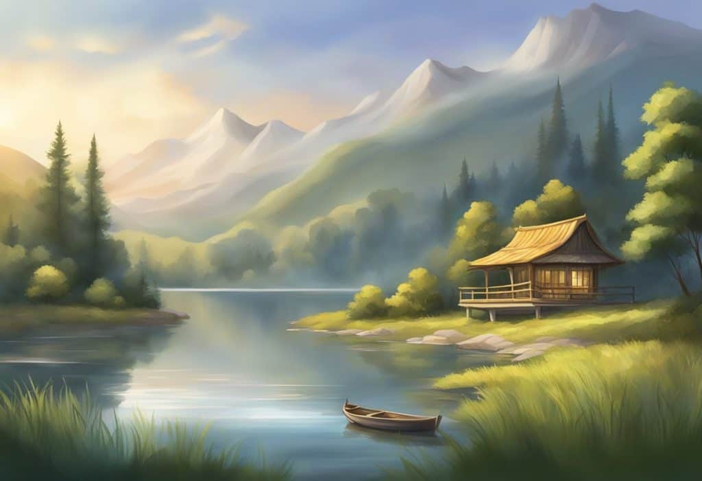 A serene setting with a tranquil atmosphere, featuring a peaceful environment with natural elements and a sense of calmness