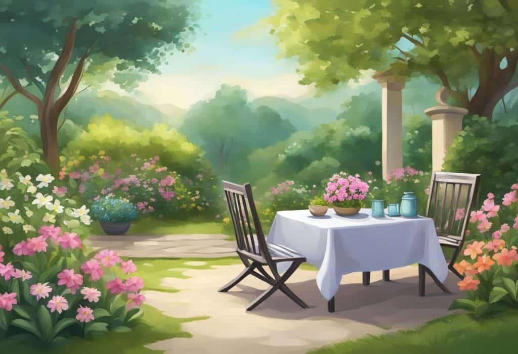 A peaceful garden with a small table and cushion for meditation, surrounded by blooming flowers and a gentle breeze