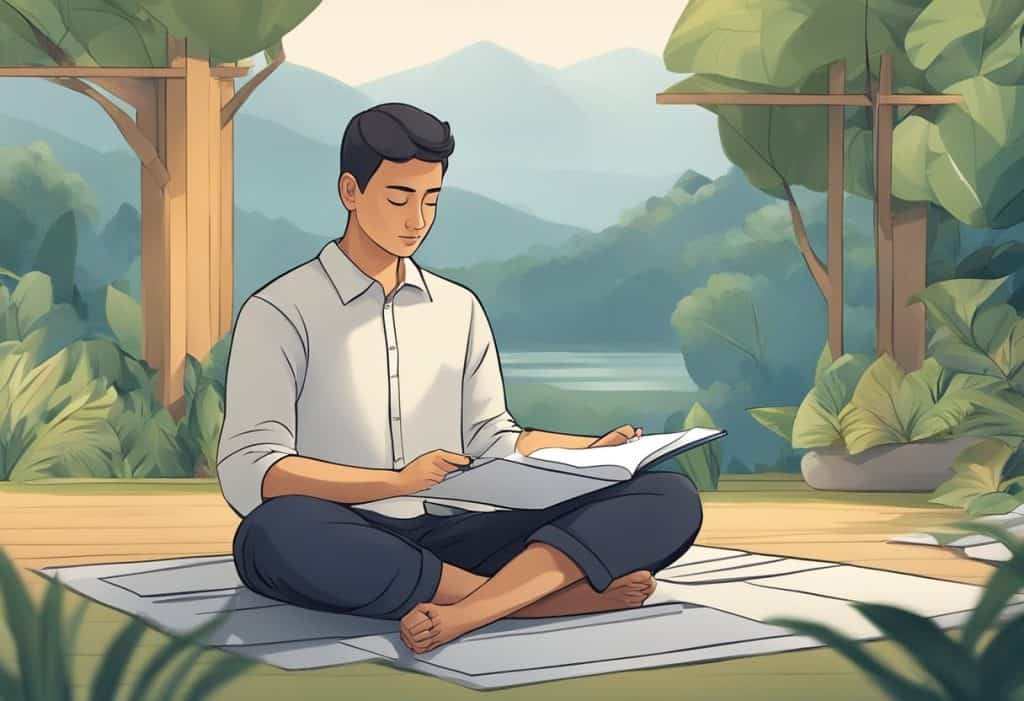 A person sitting in meditation with a pen and paper, surrounded by a peaceful and serene environment
