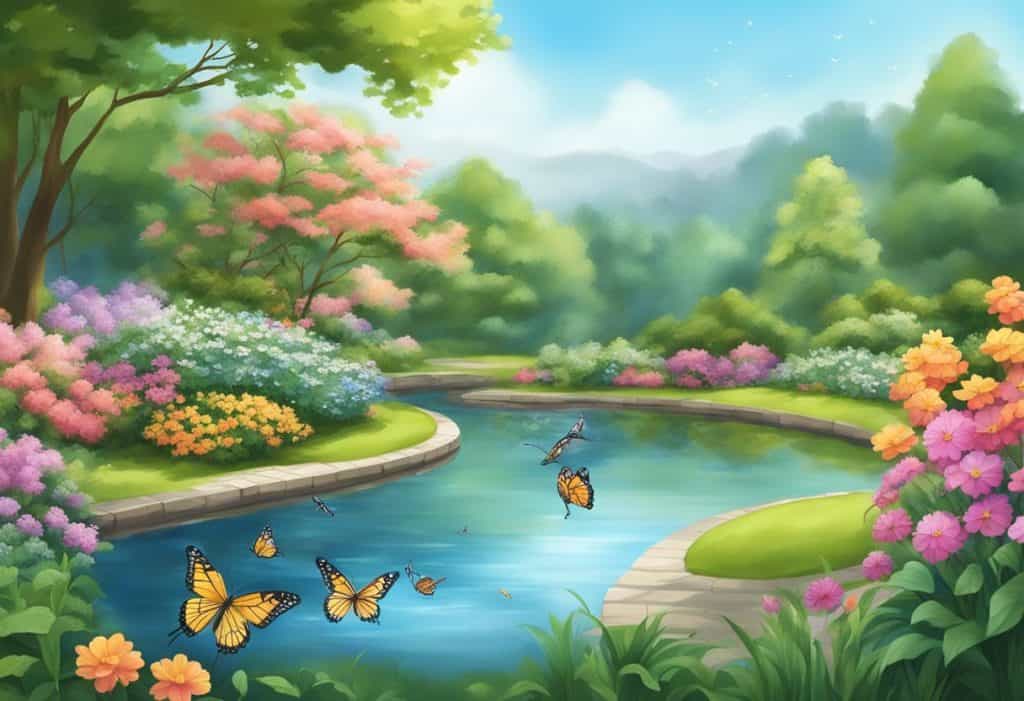 A serene garden with blooming flowers and a tranquil pond, surrounded by lush greenery and colorful butterflies fluttering around