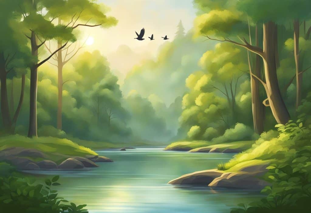 A serene forest with a flowing river, birds chirping, and a peaceful atmosphere