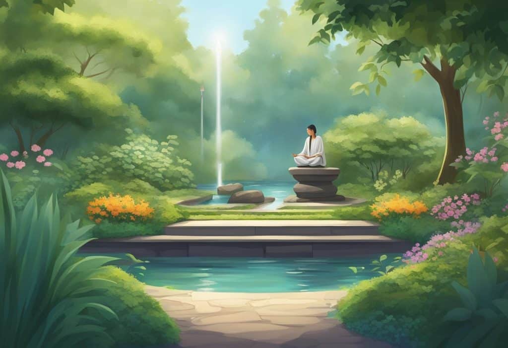 A serene garden with a small altar, incense burning, and a person sitting in meditation, surrounded by lush greenery and the sound of flowing water