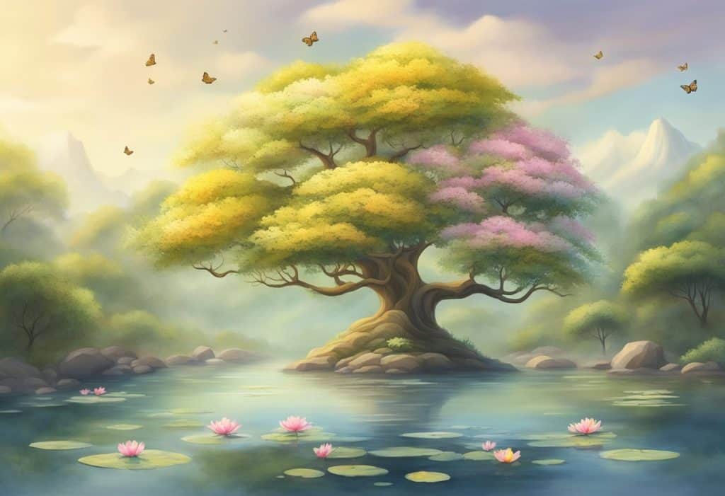 A serene Bodhi tree stands tall in a tranquil garden, surrounded by blooming lotus flowers and fluttering butterflies