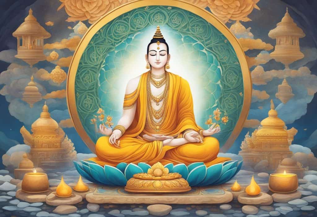 Upanshu Japa integrates with other spiritual practices in a serene setting, surrounded by symbols of meditation and devotion