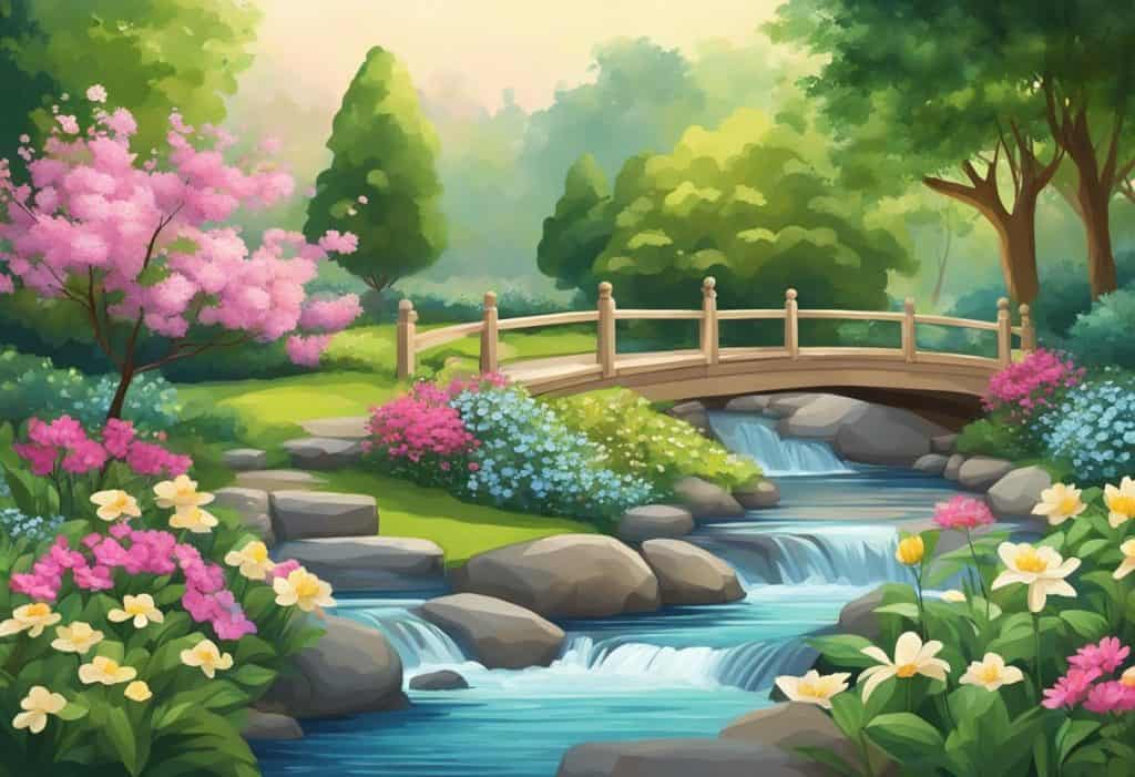 A serene garden with a flowing stream, surrounded by blooming flowers and lush greenery, with a sense of tranquility and peace