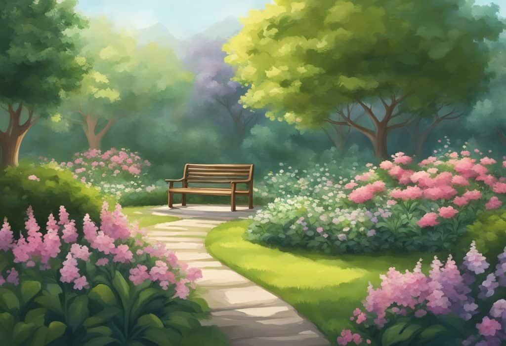 A serene garden with a peaceful atmosphere, where a person is sitting in meditation, surrounded by blooming flowers and lush greenery