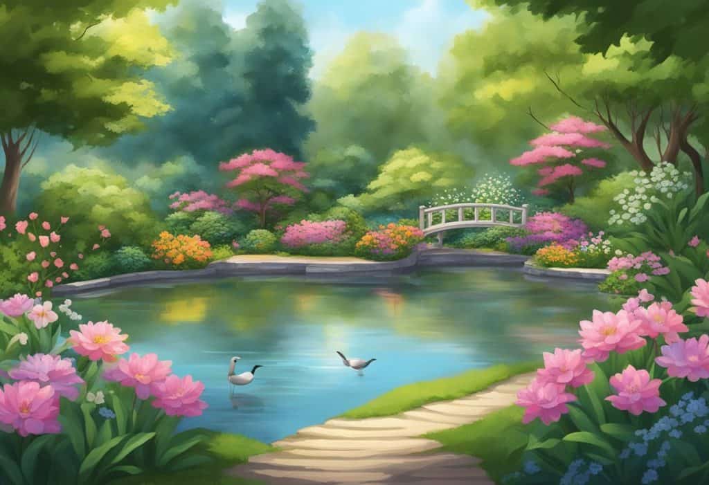 A serene garden with blooming flowers and a peaceful pond, surrounded by lush greenery and the sound of birds chirping