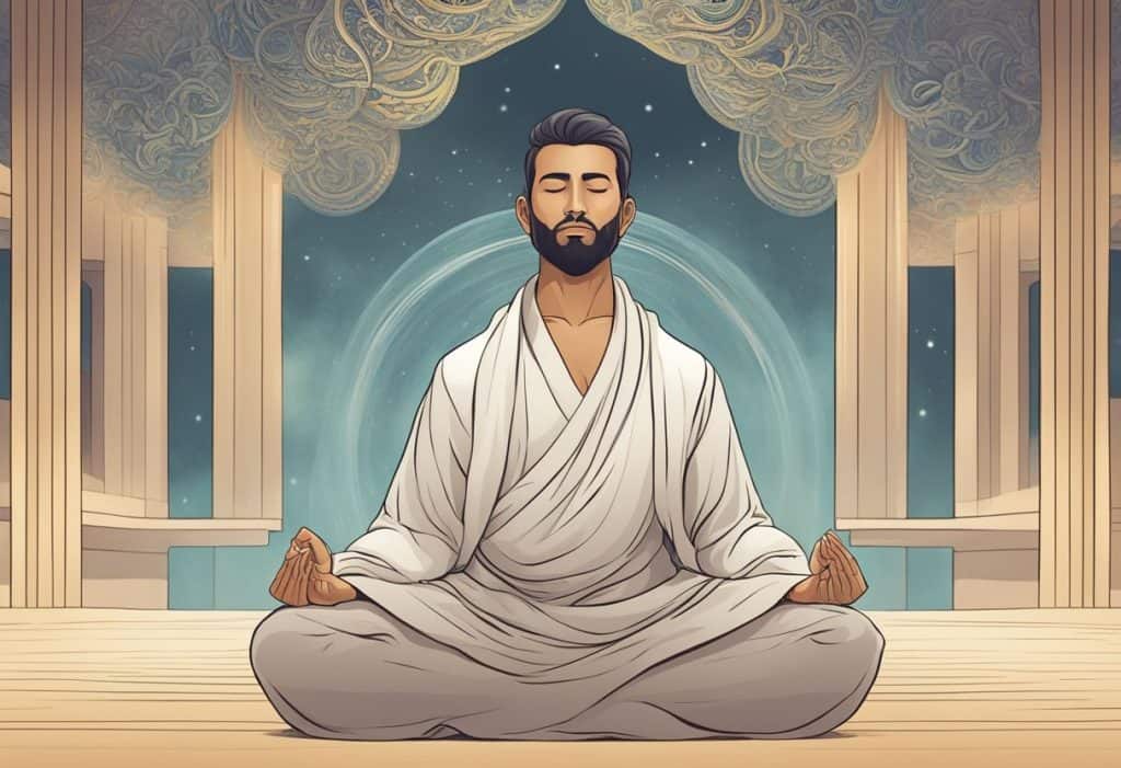A person sitting in meditation, repeating a mantra silently. A serene and focused atmosphere, with a sense of inner peace and tranquility