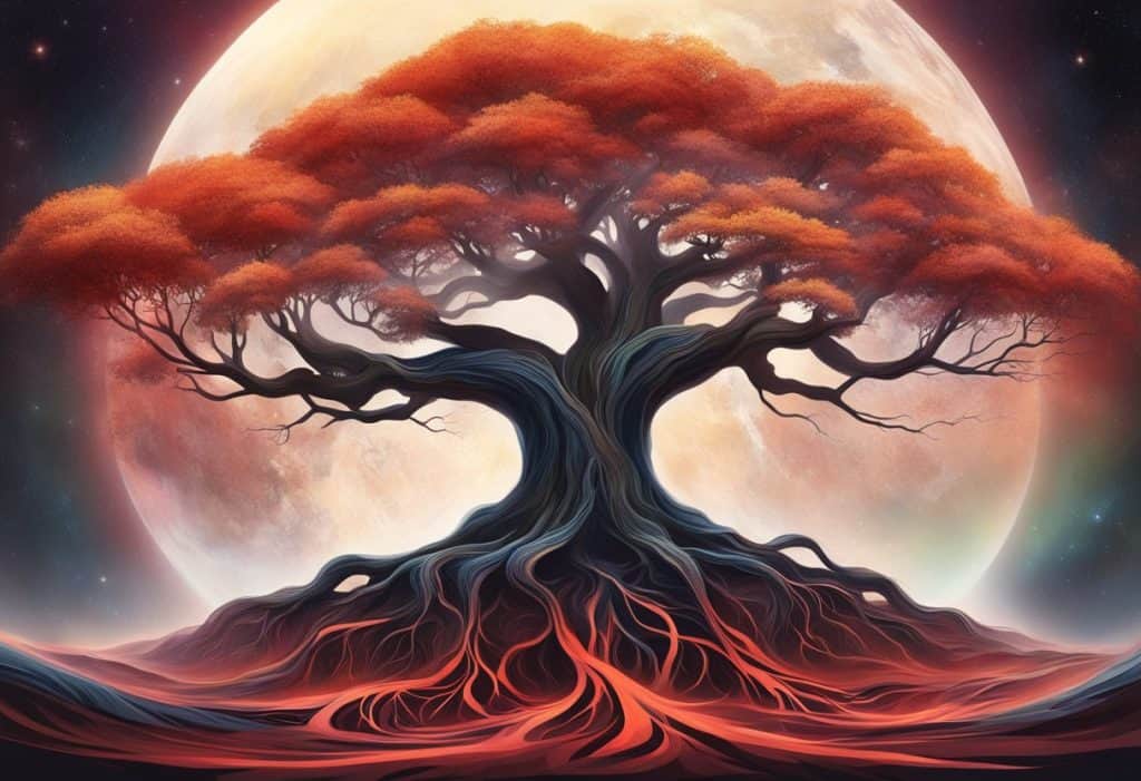 A tree with deep roots reaching into the earth, surrounded by vibrant red and black energy swirling around its base