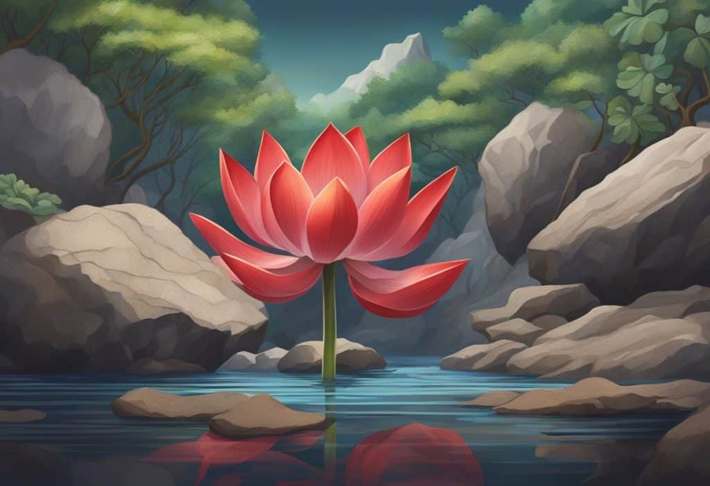 A vibrant red lotus flower rooted in the earth, surrounded by grounding elements like rocks, roots, and soil