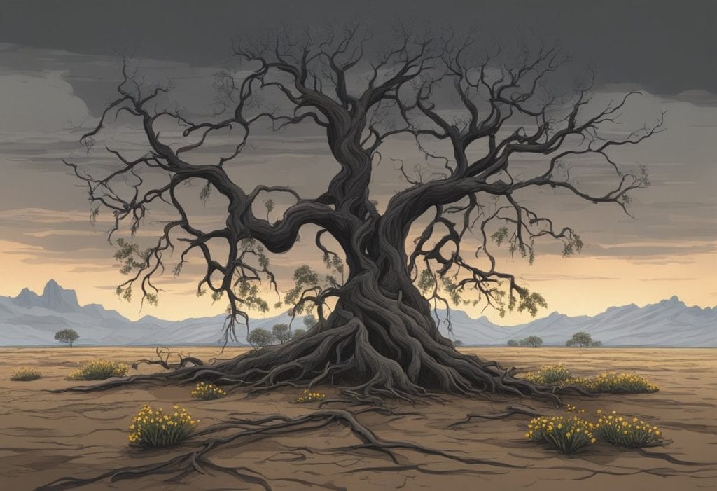 A withered tree with roots exposed, surrounded by wilting flowers and barren soil. A dark, heavy cloud looms overhead, casting a shadow over the scene