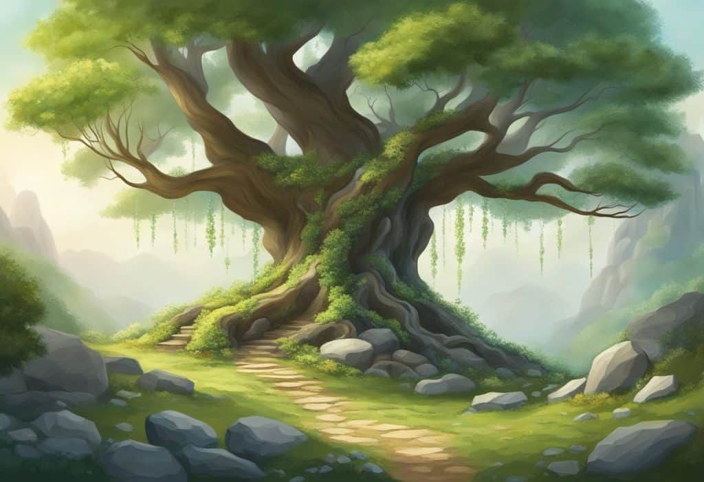 A serene garden with a large, sturdy tree rooted deeply into the earth, surrounded by grounding elements like rocks and crystals