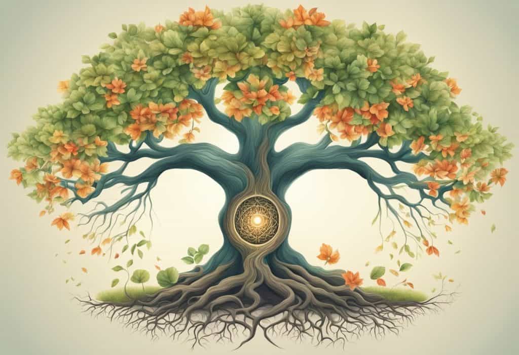A tree with deep roots symbolizing support for the root chakra, surrounded by natural elements and alternative therapy items