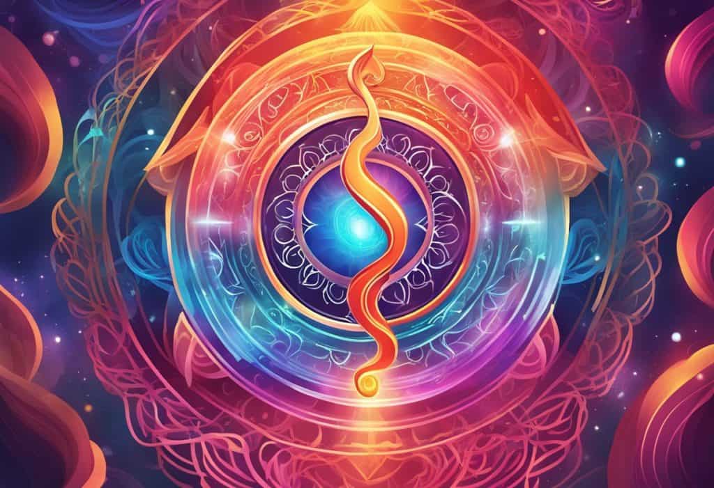 A glowing red root chakra surrounded by swirling energy, with the words "Frequently Asked Questions" floating above in bold, vibrant colors