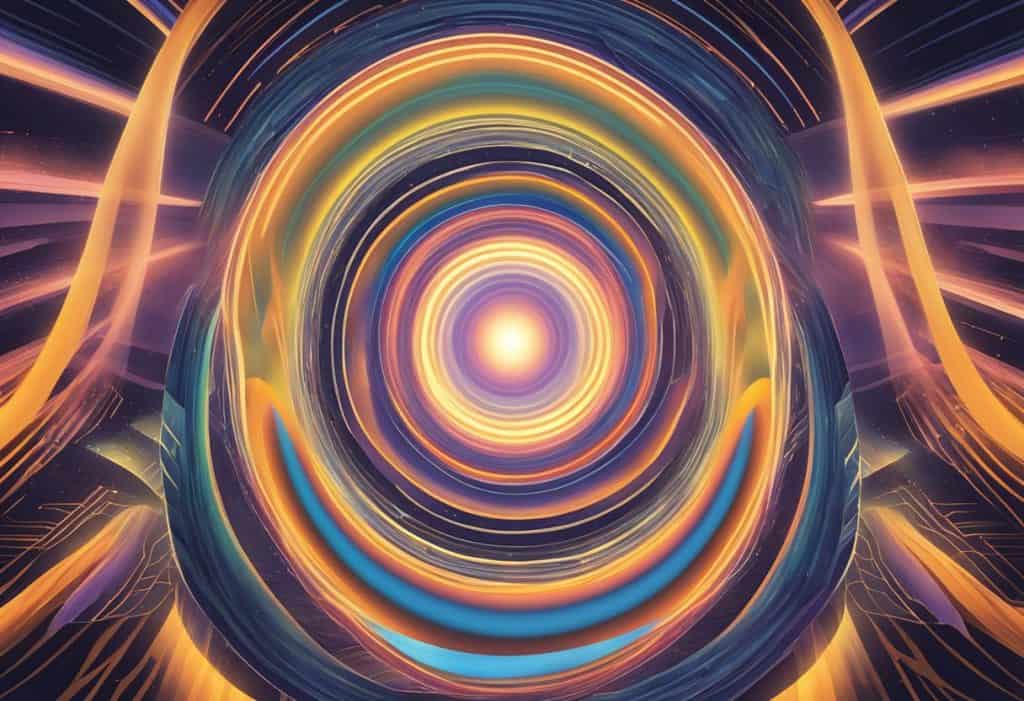 A glowing orb radiates from the center, emitting vibrant waves of energy