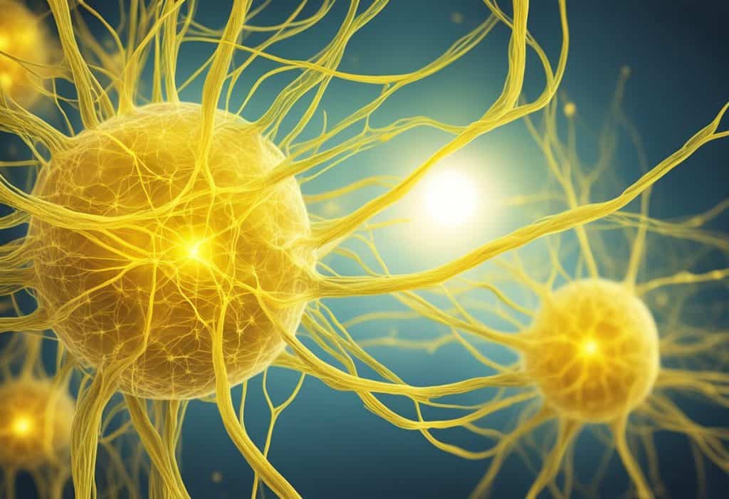 A glowing yellow network of nerves radiates from the solar plexus, intertwining with surrounding organs and tissues