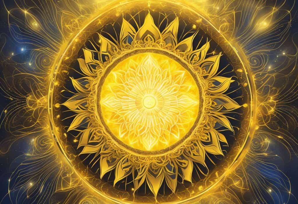 A glowing yellow center radiates energy, surrounded by swirling patterns of light and color, representing the solar plexus in yoga and spirituality