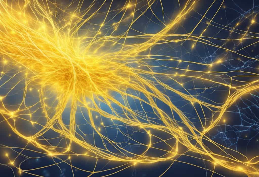 A glowing, tangled network of nerves radiates from the solar plexus, surrounded by swirling clouds of energy and sparks of discomfort