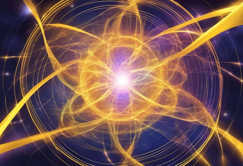 A glowing plexus of energy radiates from the solar plexus area, surrounded by swirling lines and vibrant colors