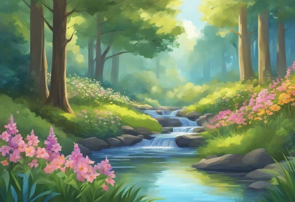 A serene forest with a gentle stream, surrounded by tall trees and colorful flowers, under a clear blue sky