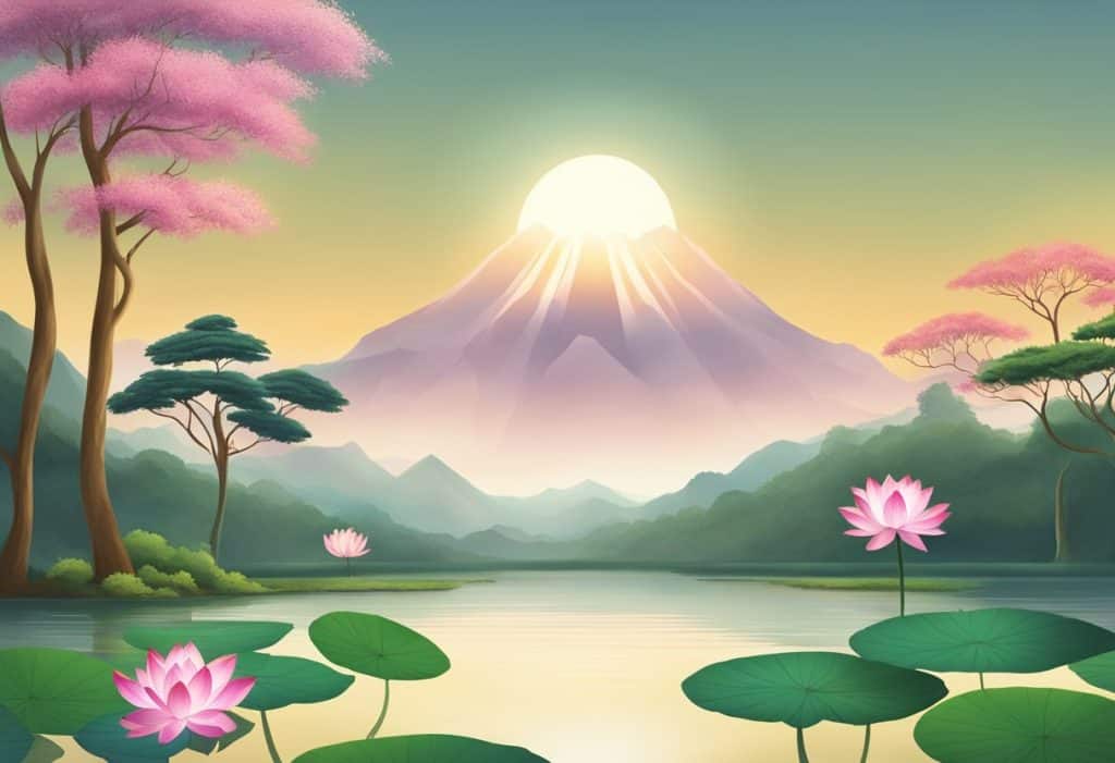 A serene landscape with a lotus pond, a towering mountain, and a radiant sun, symbolizing the concept of Maya in Indian philosophy