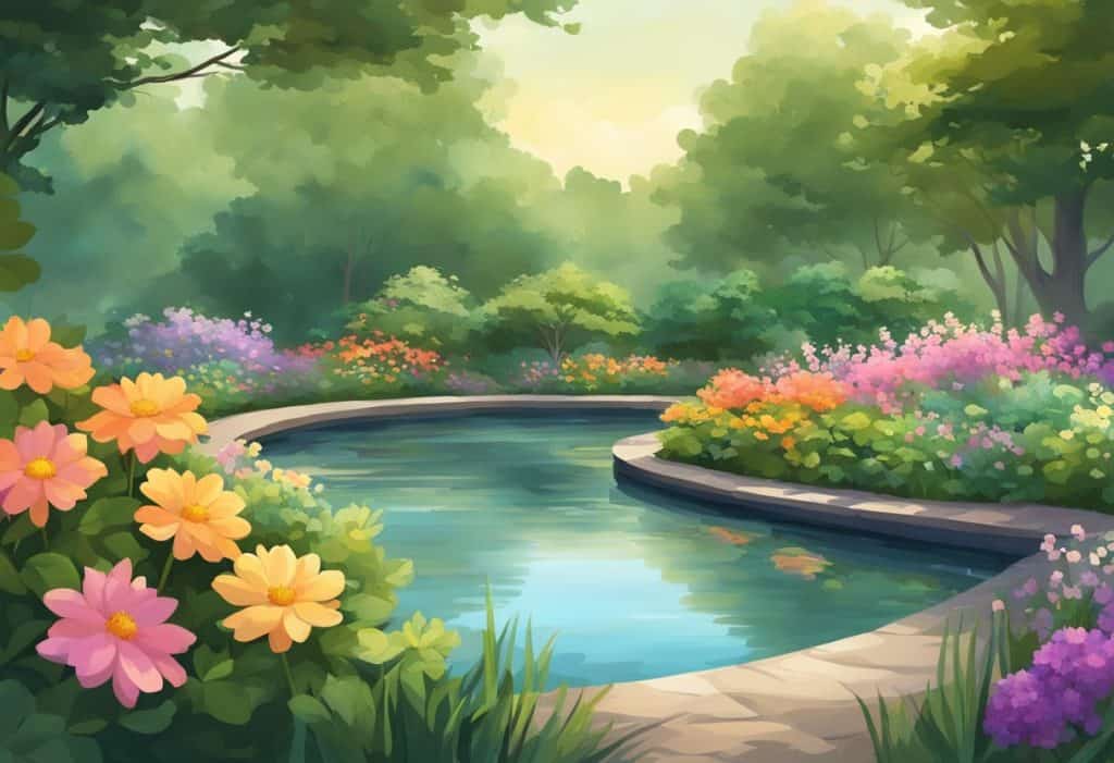 A serene garden with a tranquil pond, surrounded by lush greenery and colorful flowers, with a gentle breeze rustling the leaves