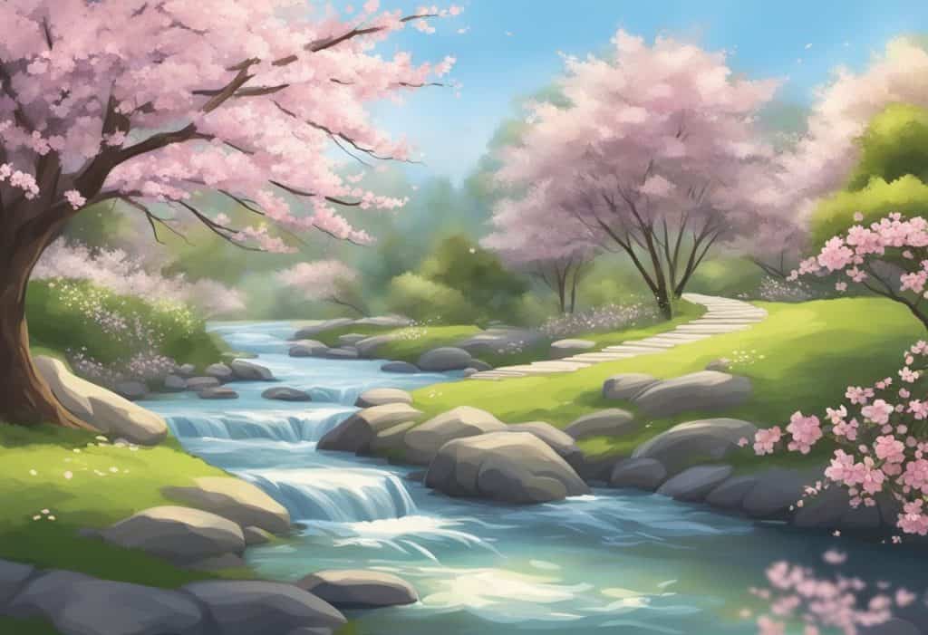 A serene garden with a flowing stream and blooming cherry blossoms